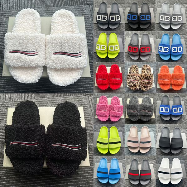 with box designer fur slippers Soft Fluffy Shearling Slides men women Luxury Furry Open Mule Cozy House Outdoor Comfort Fashion Sandals black pink white